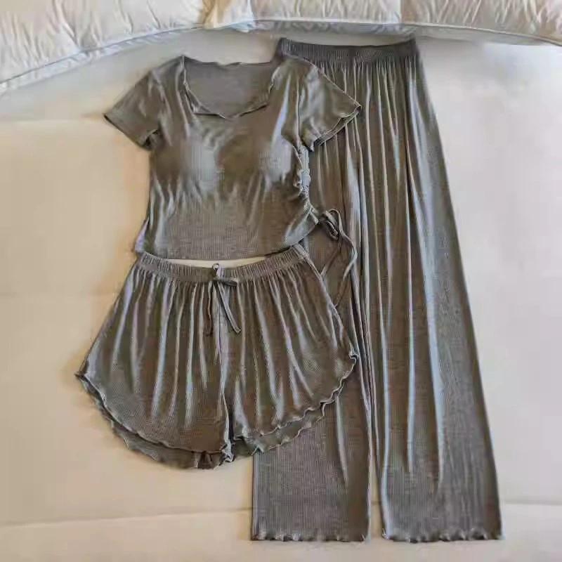 莫代尔带胸垫睡衣女春夏季薄款短袖短裤长裤性感网红风家居服套装