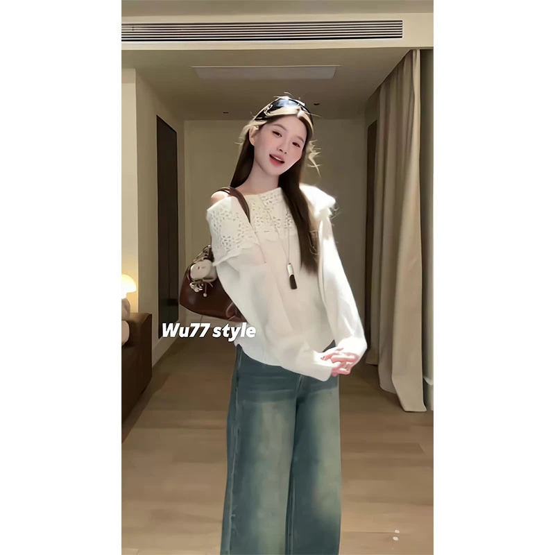 针织毛衣女韩系慵懒风白色软糯网织镂空荷叶边长袖秋季新款短上衣