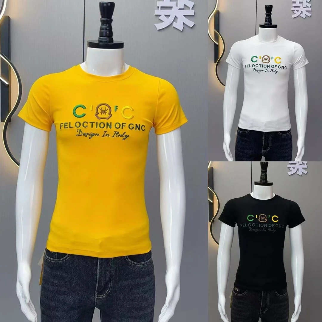 男士新款刺绣圆领短袖T恤2025夏季潮流百搭半袖时尚个性男装短袖