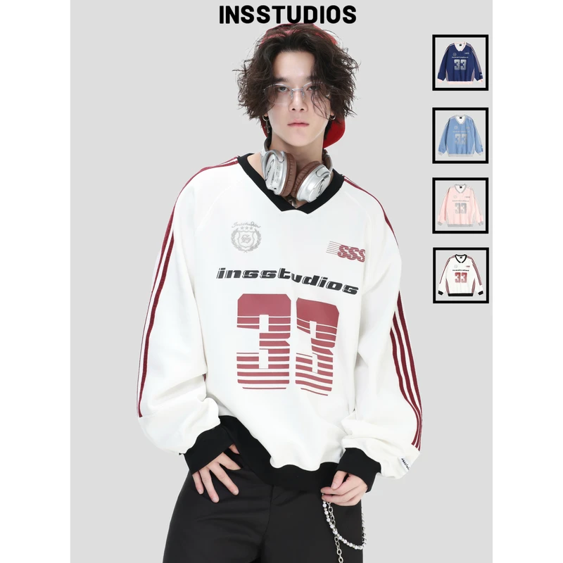 INSstudios 国潮情侣美式「V领条纹球服卫衣」宽松运动球衣风上衣