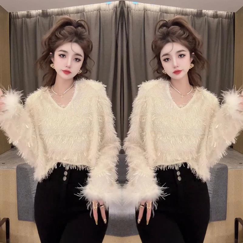 2024年秋冬网红新款时尚高端轻奢设计感欧货气质流苏毛毛上衣衫女