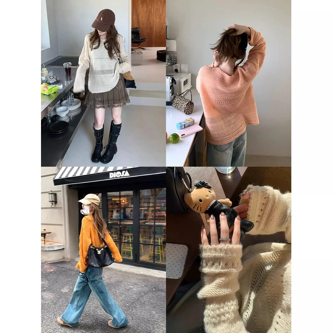 【闲暇周末】镂空提花圆领宽松慵懒网红长袖ins韩版宽松勾花初秋