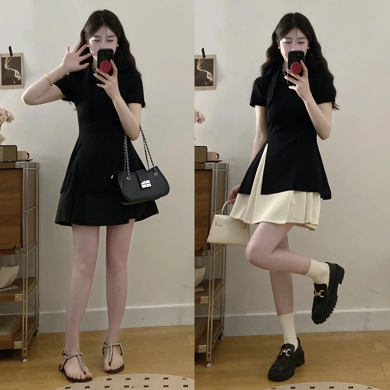 MO88ZSPF大码女装夏季蝴蝶结系带百搭T高腰百褶半身裙洋气穿搭