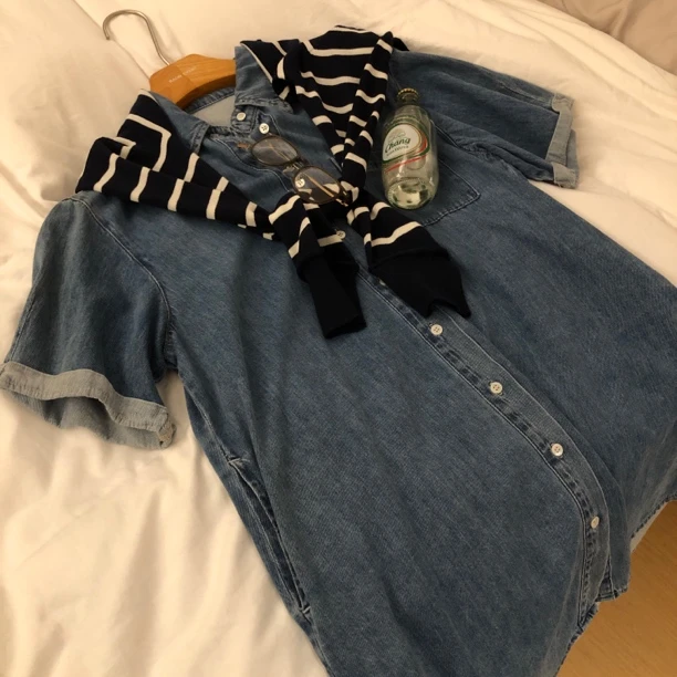 嘉佩乐-“气质女神”春夏新款文艺复古短袖中长款牛仔衬衫裙女