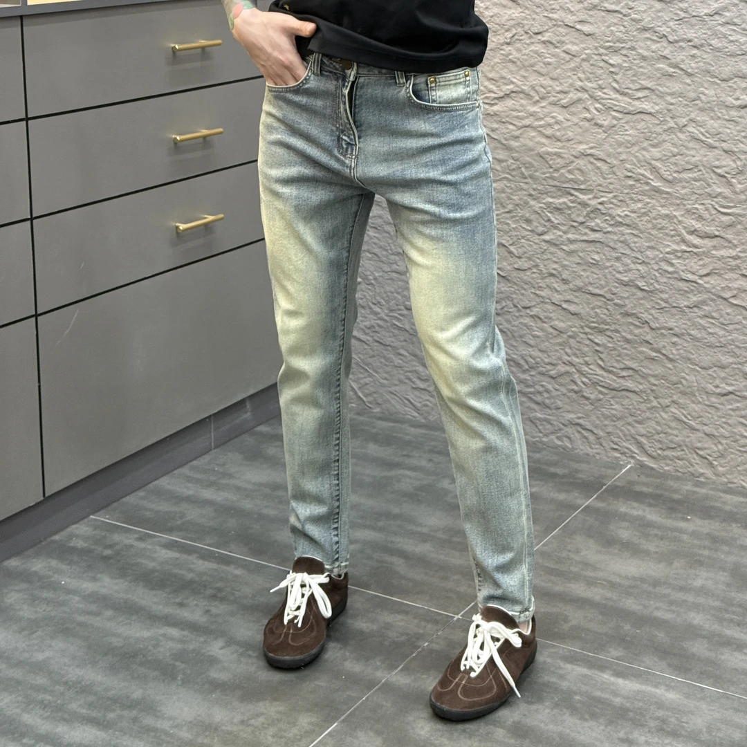 2025春季新款时尚休闲百搭夏季薄款印花男士小脚牛仔裤6020