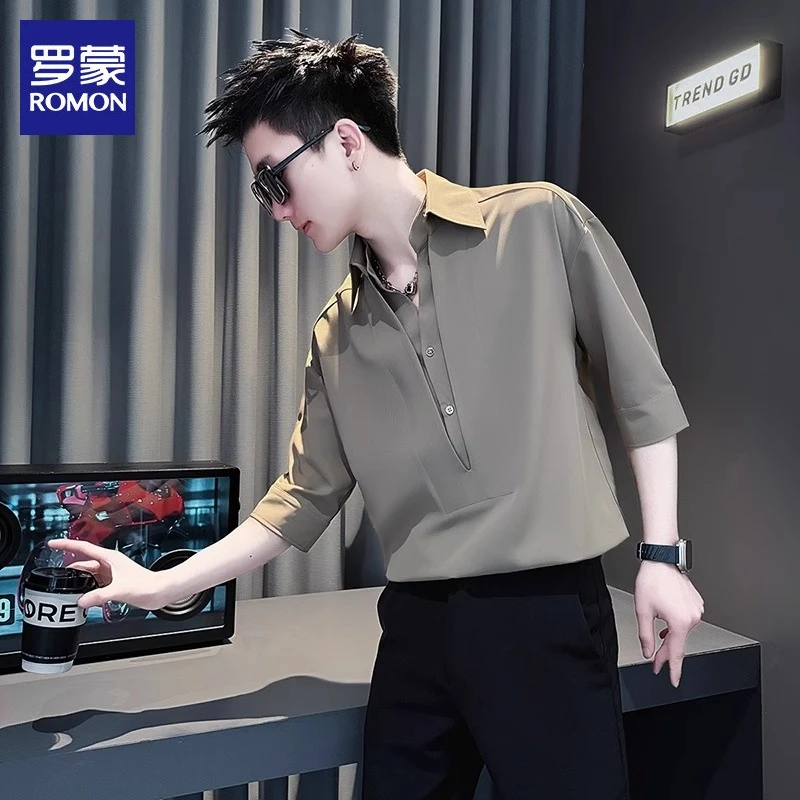 罗蒙短袖衬衫男士2025夏季新款轻奢痞帅7分袖假两件尖领上衣男装