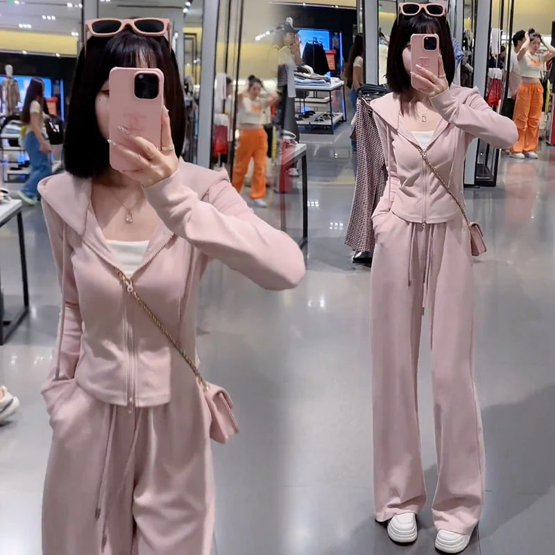 高含棉休闲套装女2025年春秋季新款时尚连帽卫衣高腰阔腿裤两件套