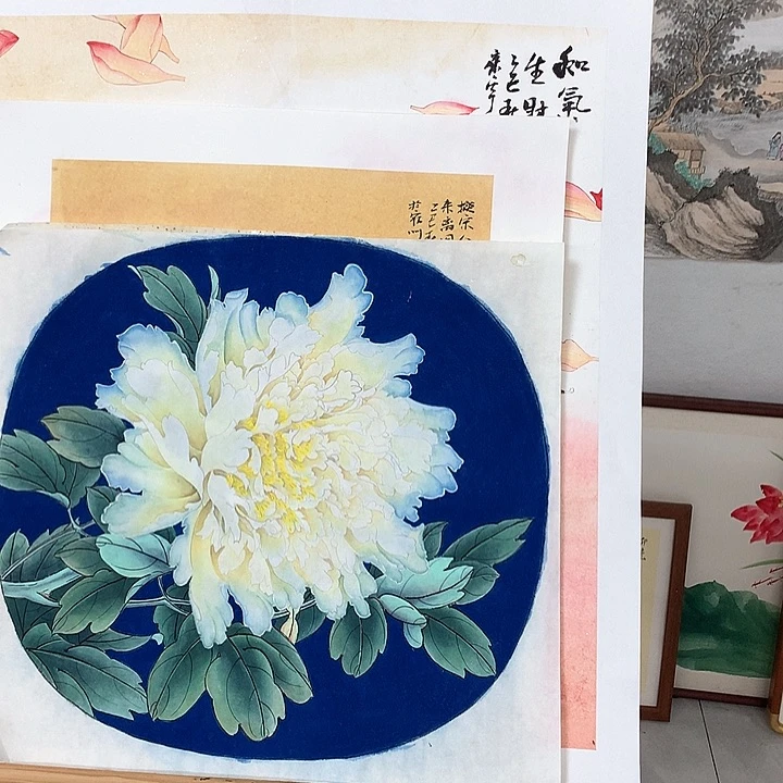 国画淡**利蓝工笔牡丹3333