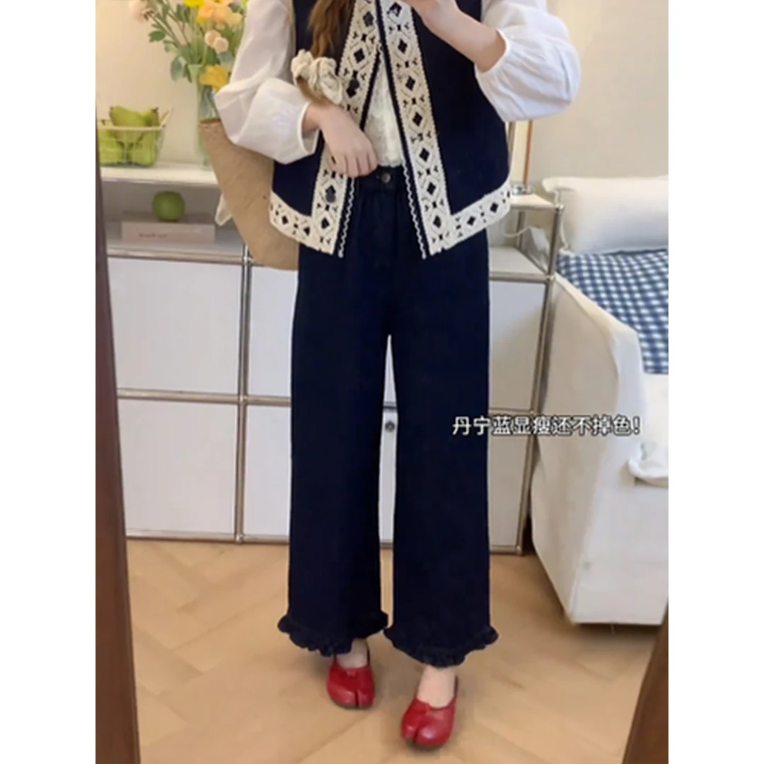 丹宁蓝直筒牛仔裤女大码秋季新款胖妹妹mm宽松显瘦梨形身材阔腿裤