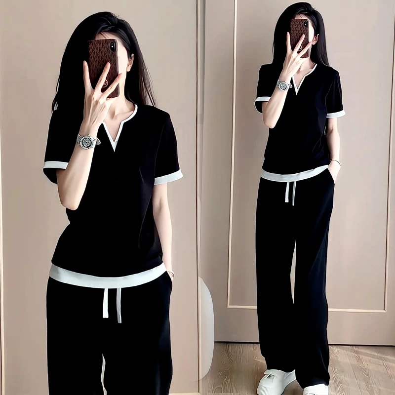 小个子v领设计感撞色套装女2026年夏季新款短袖上衣阔腿裤两件套