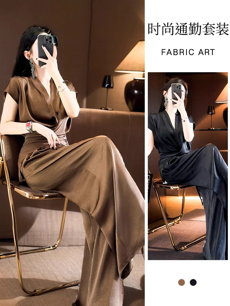 2025夏季雅丹风穿搭御姐职场高级感短袖上衣阔腿裤两件套装女818