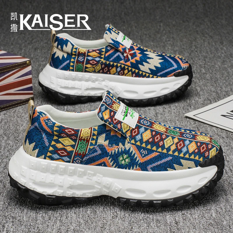 凯撒秋季男士板鞋软底防滑透气厚底增高布鞋子小众刺绣休闲老爹鞋