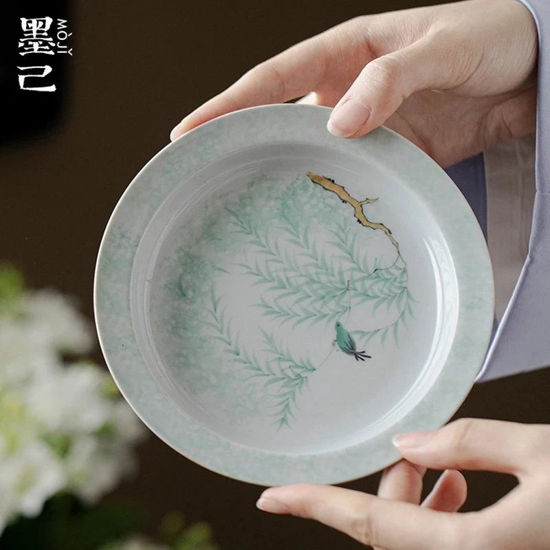 墨己手绘喜鹊壶承干泡台茶室文人器陶瓷摆件茶点盘两用茶道配件