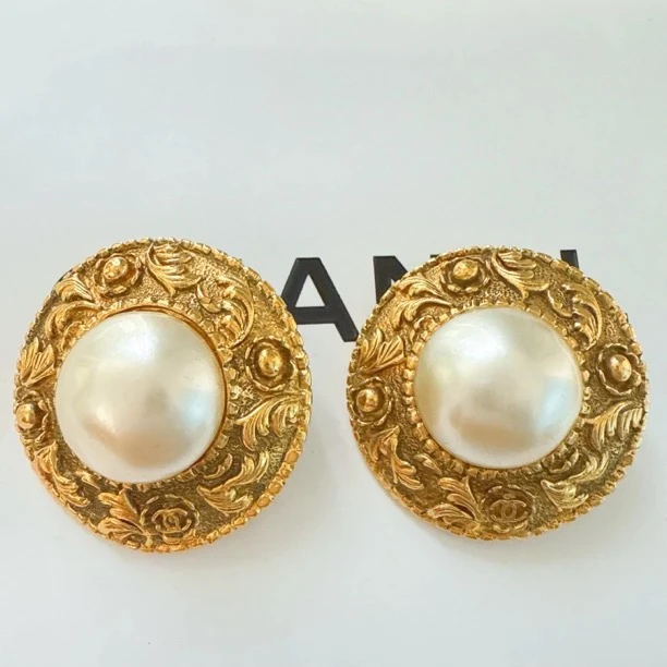 95新 Chanel/香奈儿 Chanel vintage香奈儿中古浮雕珍珠耳夹