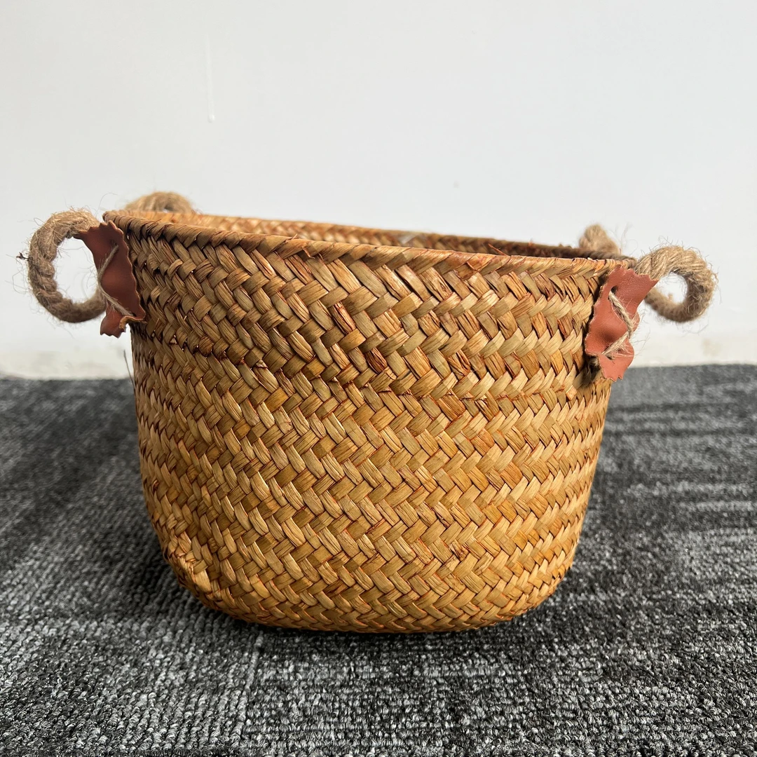 A012棕色手工编织宝妈超市扫货能手居家酒店多用收纳袋24*15