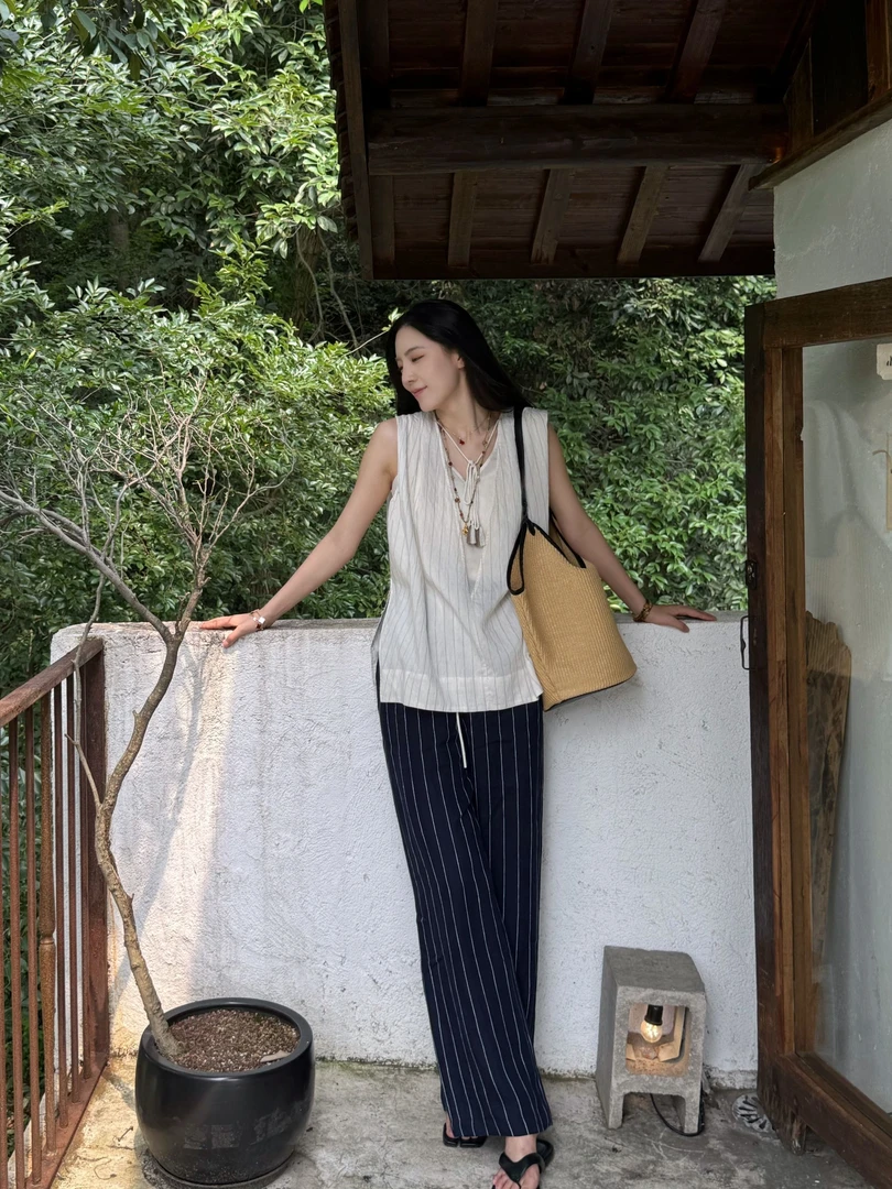 JAS 万万 【素縞】短袖女夏季轻薄透气时尚 亚麻 上衣JW252a40036n