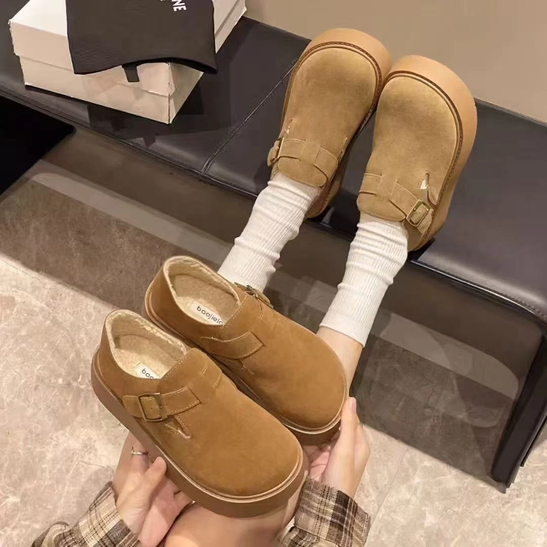 厚底增高勃肯棉鞋女2025冬季爆款加绒保暖一脚蹬孕妇包头鞋