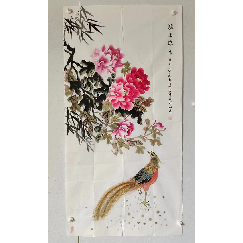 2907  纯手绘老字画《牡丹》中堂  尺寸 137×68