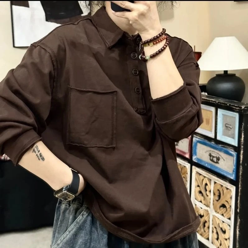 2024秋季新款时尚休闲百搭宽松纯色拼接口袋翻领气质POLO长袖卫衣