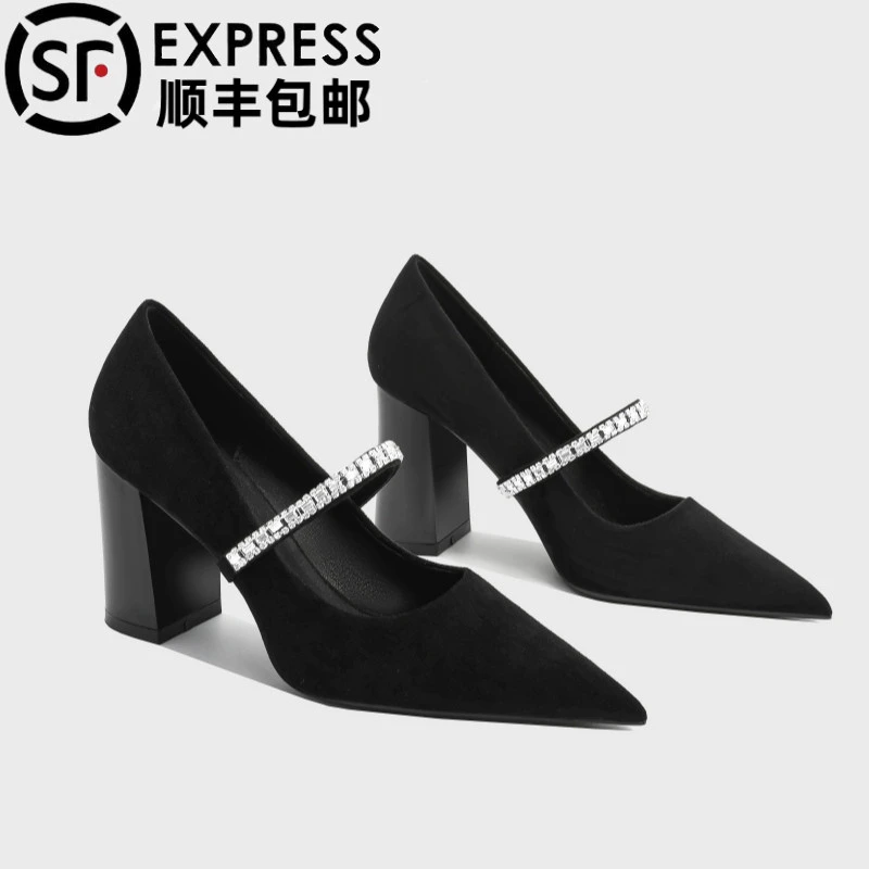 CHUREN&KENET黑色绒面尖头粗跟单鞋玛丽珍女高跟鞋一字带职业鞋