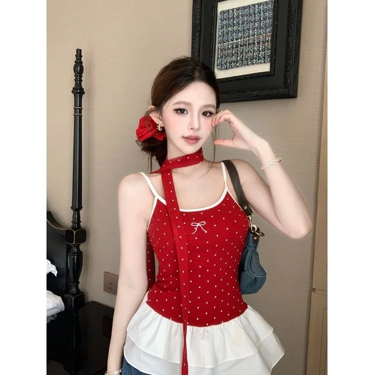 波点红色吊带背心女春季2025新款收腰显瘦花边辣妹气质短款上衣潮