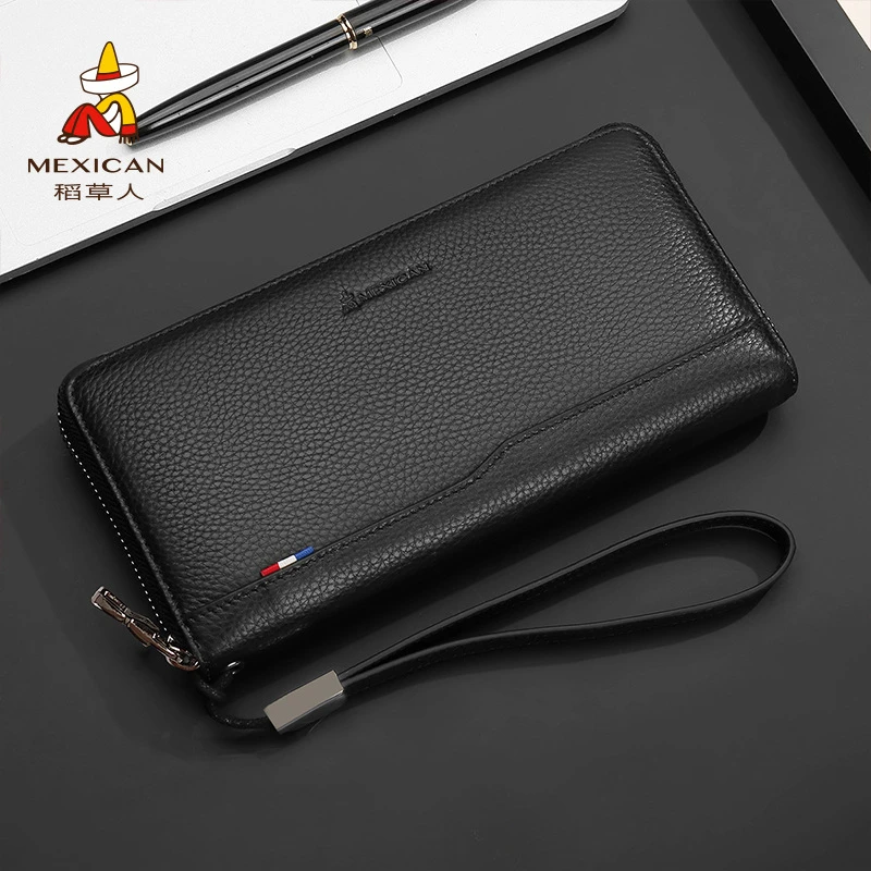 稻草人钱包男长款休闲拉链手拿包真皮简约大容量手挽皮夹商务手包