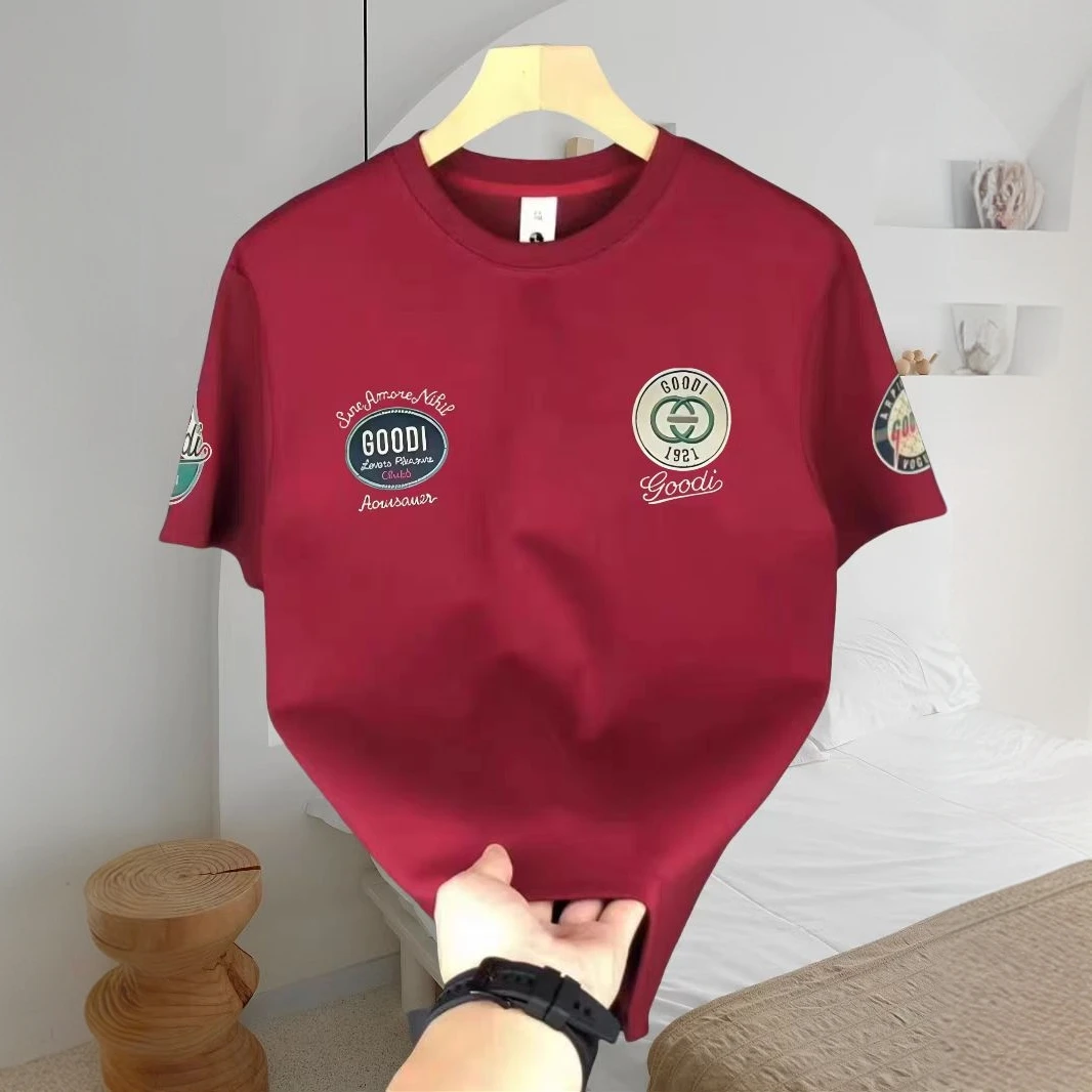 欧若风复古徽章潮流圆领纯棉T恤半袖上衣短袖男款爆款2025新款