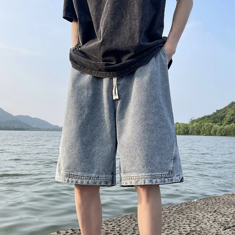 A450夏季潮牌港风复古水洗高街直筒情侣学院风牛仔短裤