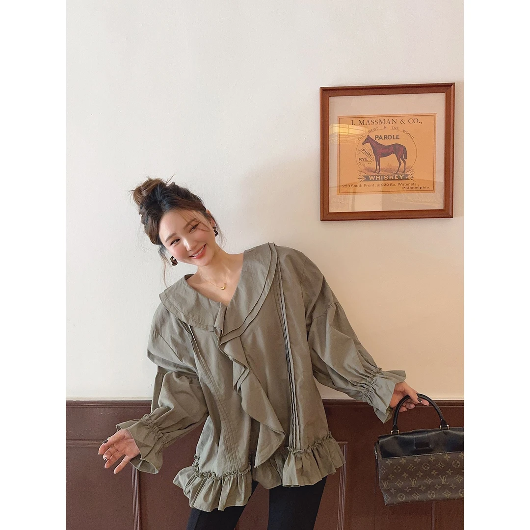 智英欧尼【韩版长袖翻领2025秋冬新款衬衫 休闲微胖小个子】