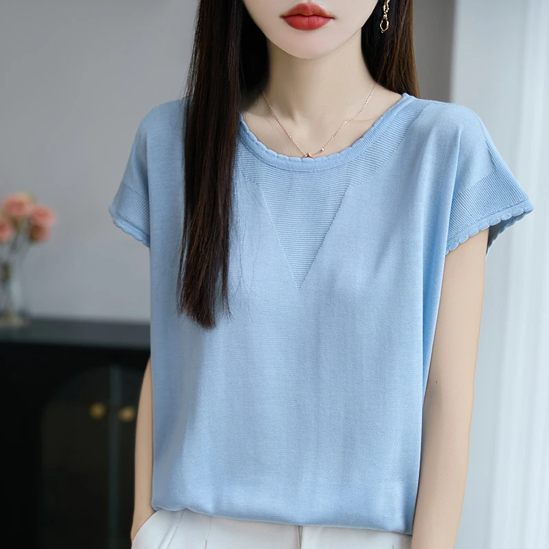 哥弟阿玛施正品会呼吸的针织衫夏季新款短袖T恤女宽松冰丝薄款