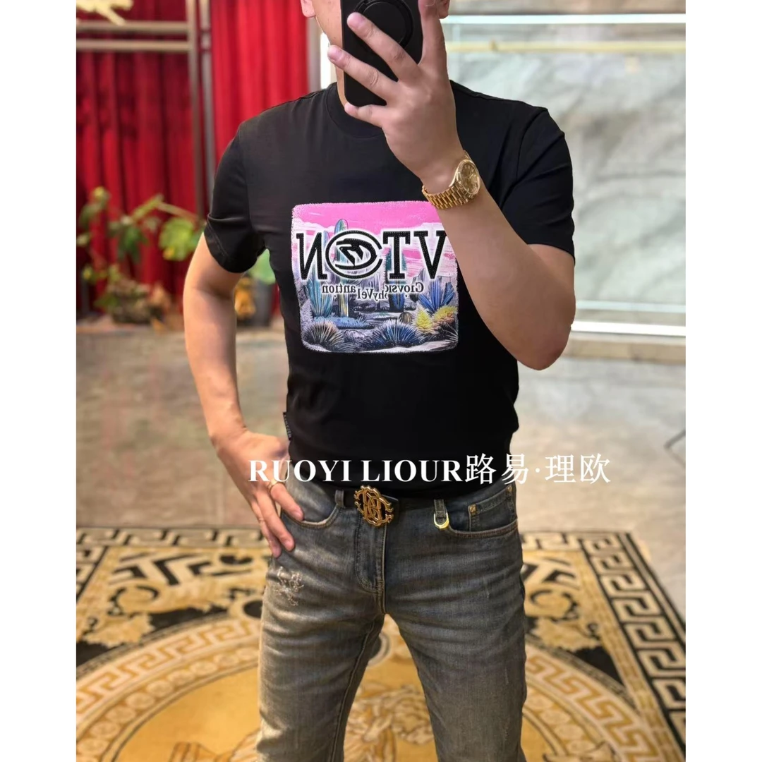 【路易理欧】2025欧货男装时尚轻奢亮钻字母百搭圆领休闲T恤0066
