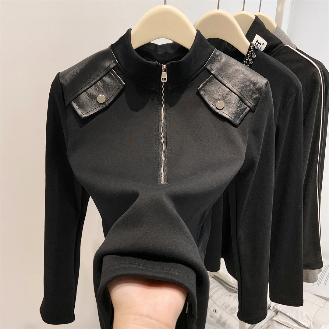 半高领加绒长袖T恤女春秋冬保暖减龄百搭半拉链立领修身内搭上衣