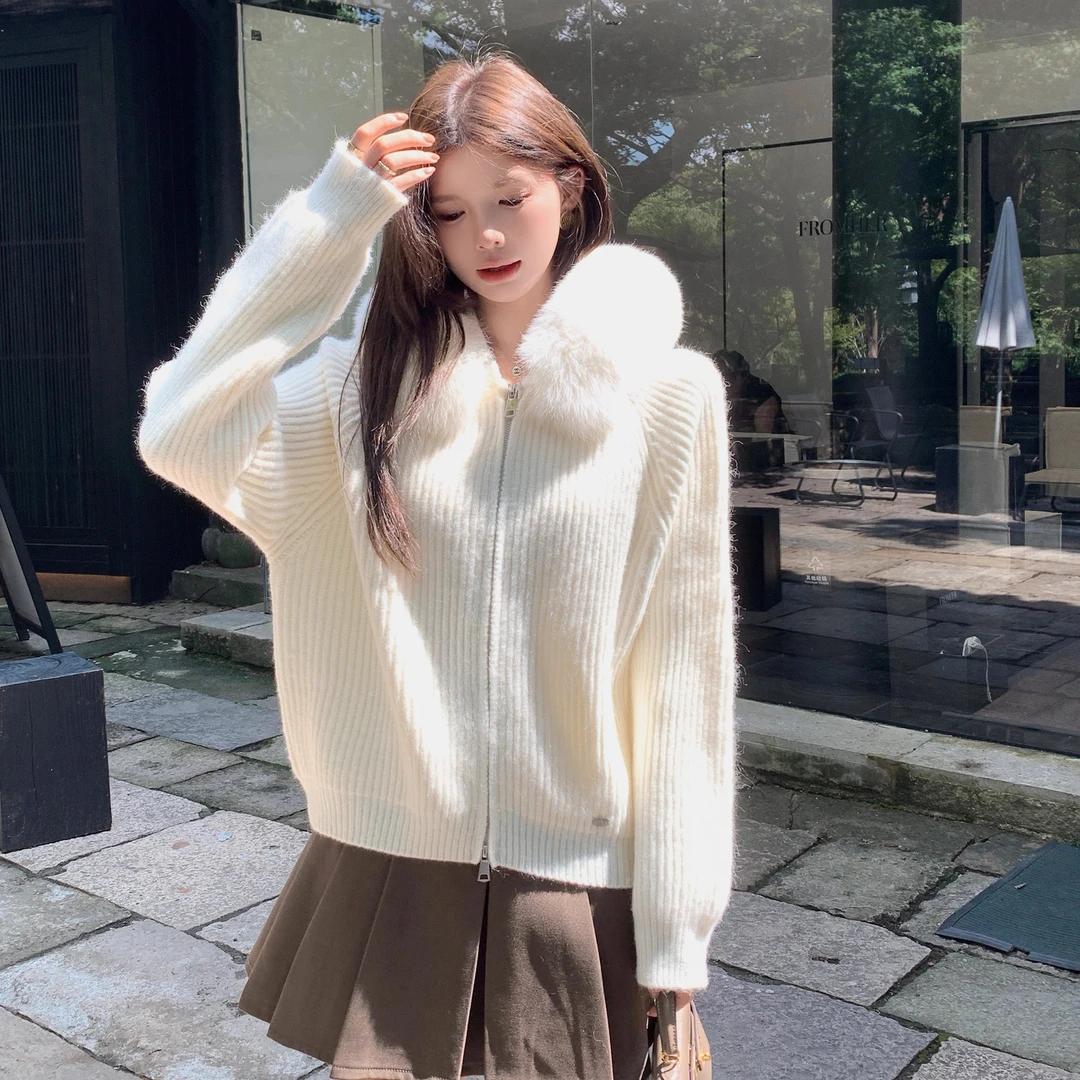 "软绵女友“秋冬毛衣外套女新款高级感宽松大毛领连帽针织开衫