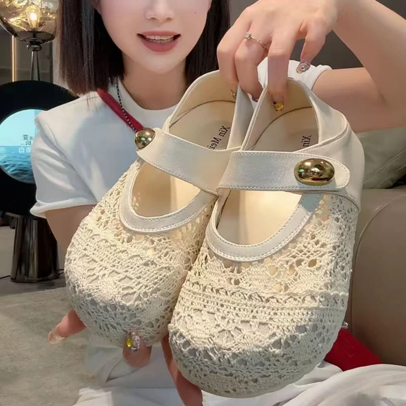 网面透气时尚女鞋包头厚底内增高平跟凉鞋豆豆鞋夏季沙滩休闲鞋潮