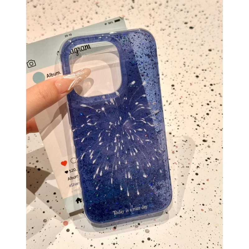 奥菲顿高级蓝色烟花适用iPhone16/15滴胶闪粉14手机壳苹果13/12套