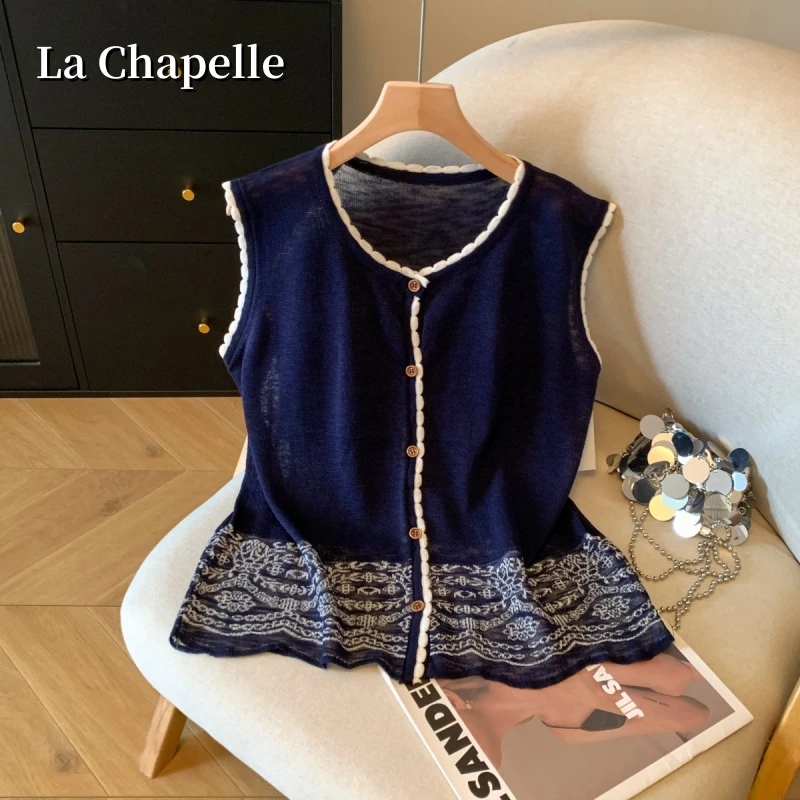 拉夏贝尔韩系复古提花无袖针织开衫女夏新款显瘦减龄无袖小衫上衣