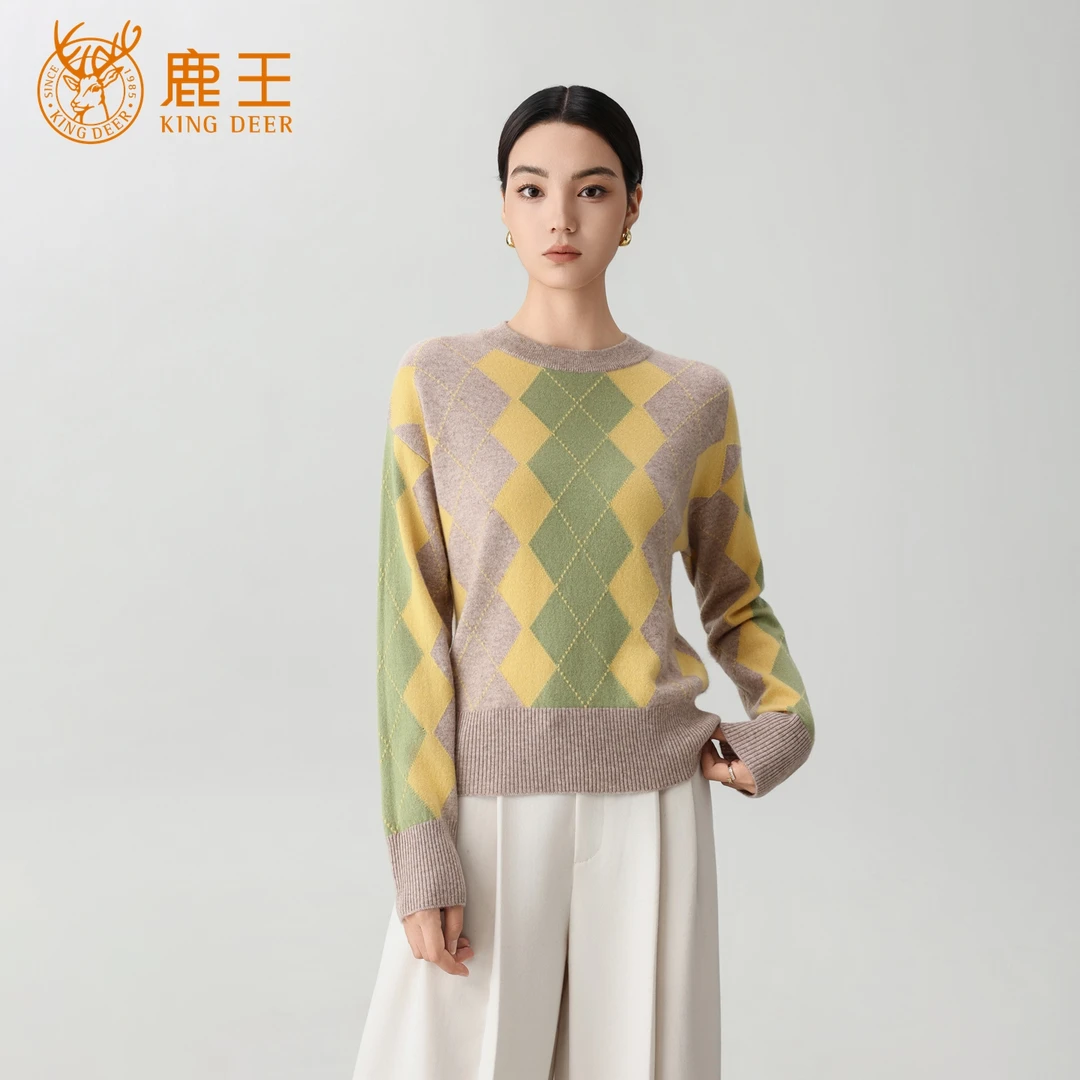【专柜新品】鹿王女圆领100山羊绒经典菱形格秋冬套衫 912518309