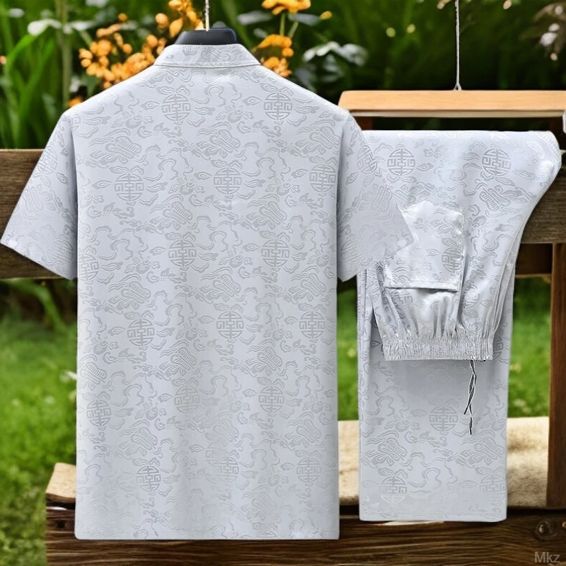 爷爷装夏季新款衣服中国风夏天老人高端中老年爸爸装真丝套装男仿