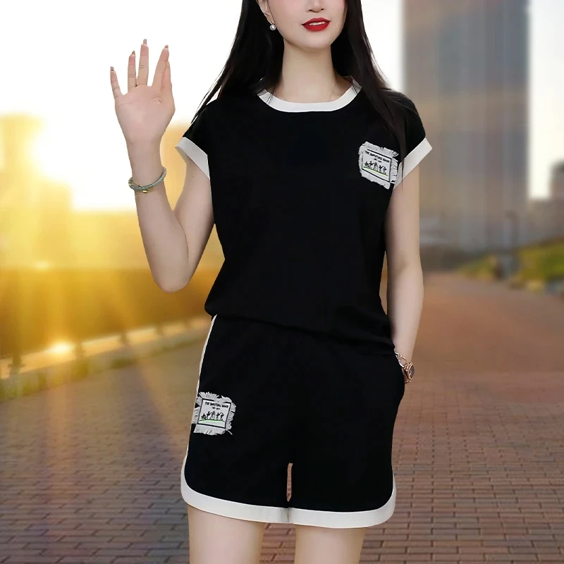 休闲时尚运动套装女2025夏季新款撞色短袖t恤显瘦阔腿裤子两件套