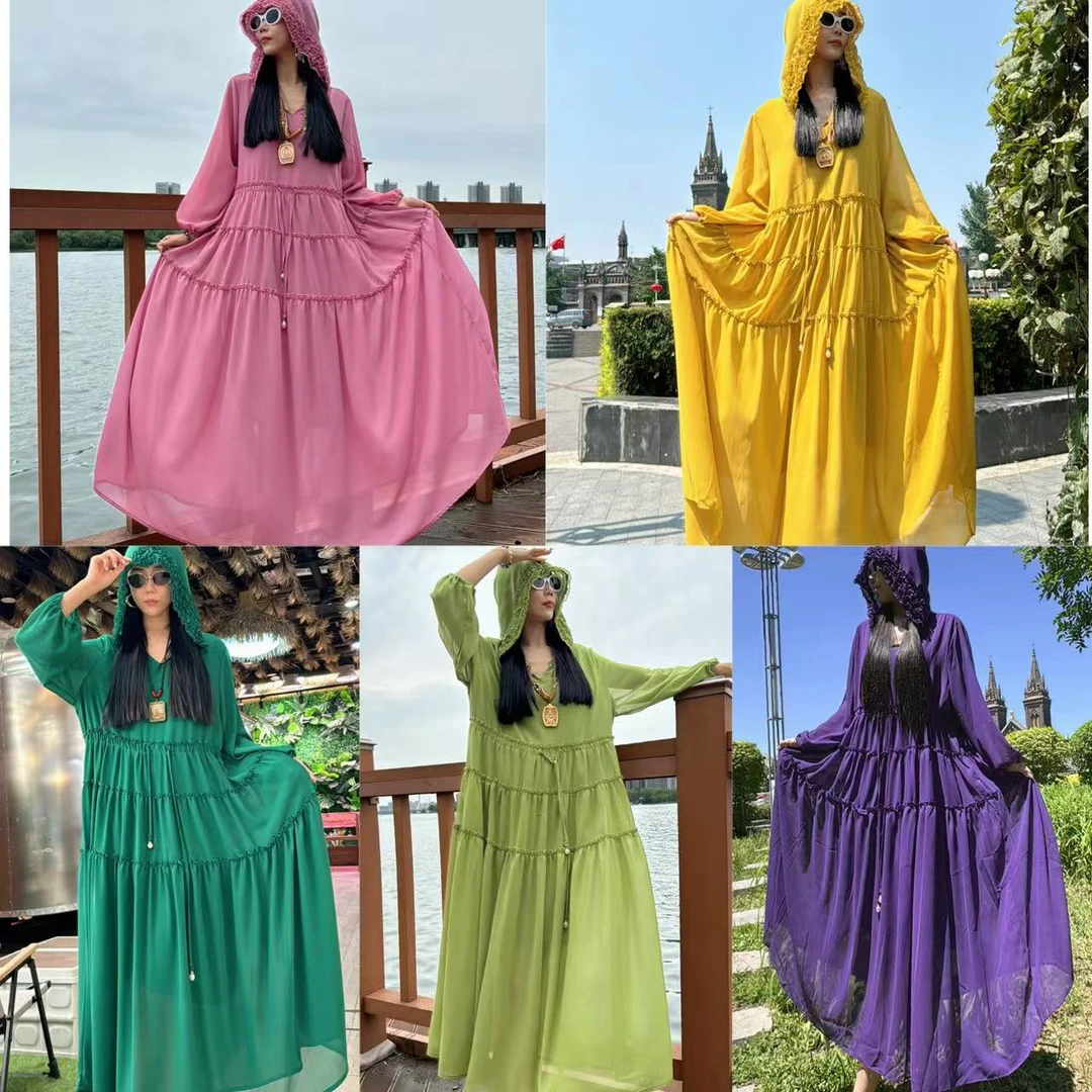 108新款气质时尚帽版纯色连衣裙