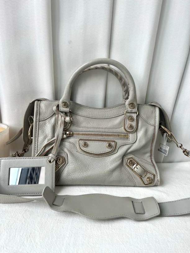 99新 Balenciaga/巴黎世家 浅灰色迷你机车包手提单肩斜挎包