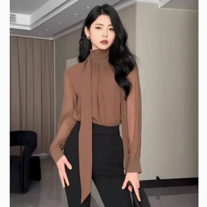 新款法式设计御姐气质高级感初秋时尚飘带半高领衬衫上衣网红