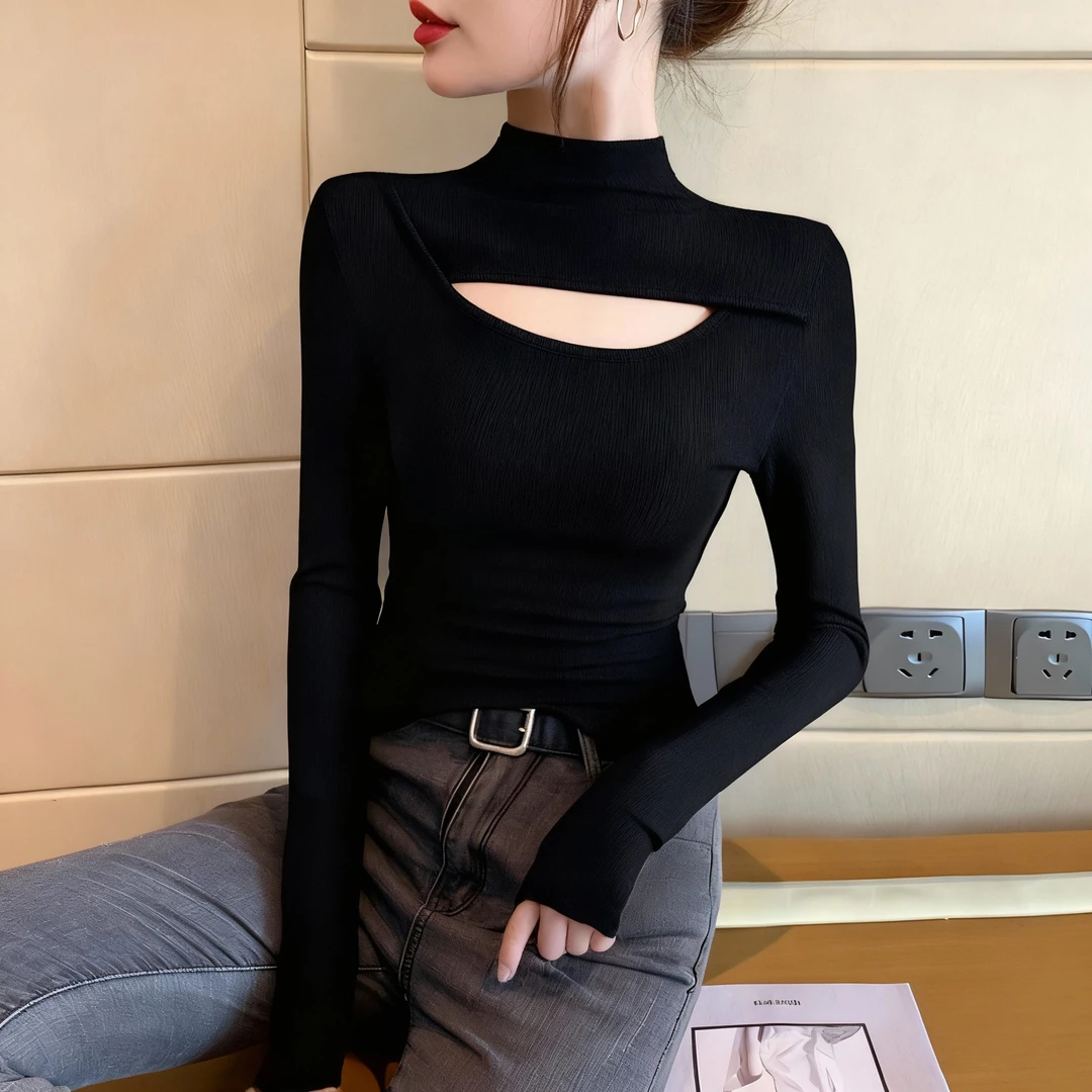黑色螺纹镂空半高领洋气打底衫早秋女士t恤修身上衣时尚百搭秋冬