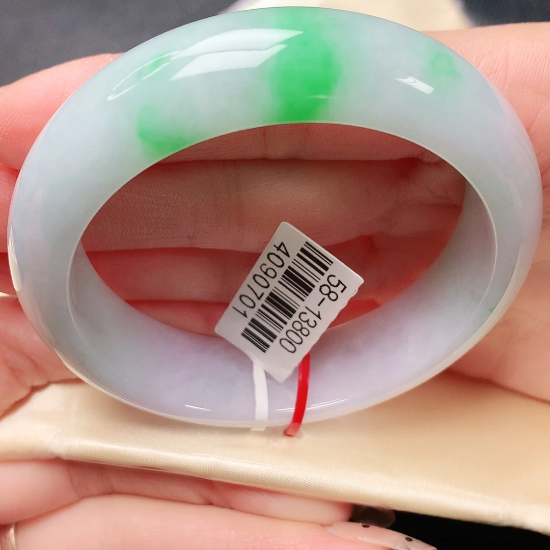 翡翠手镯未镶嵌宽板白底青正圈58圈口 13号