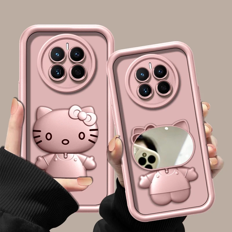 适用【华为mate50pro】金属漆香槟粉高级感猫咪支架手机壳防摔女款