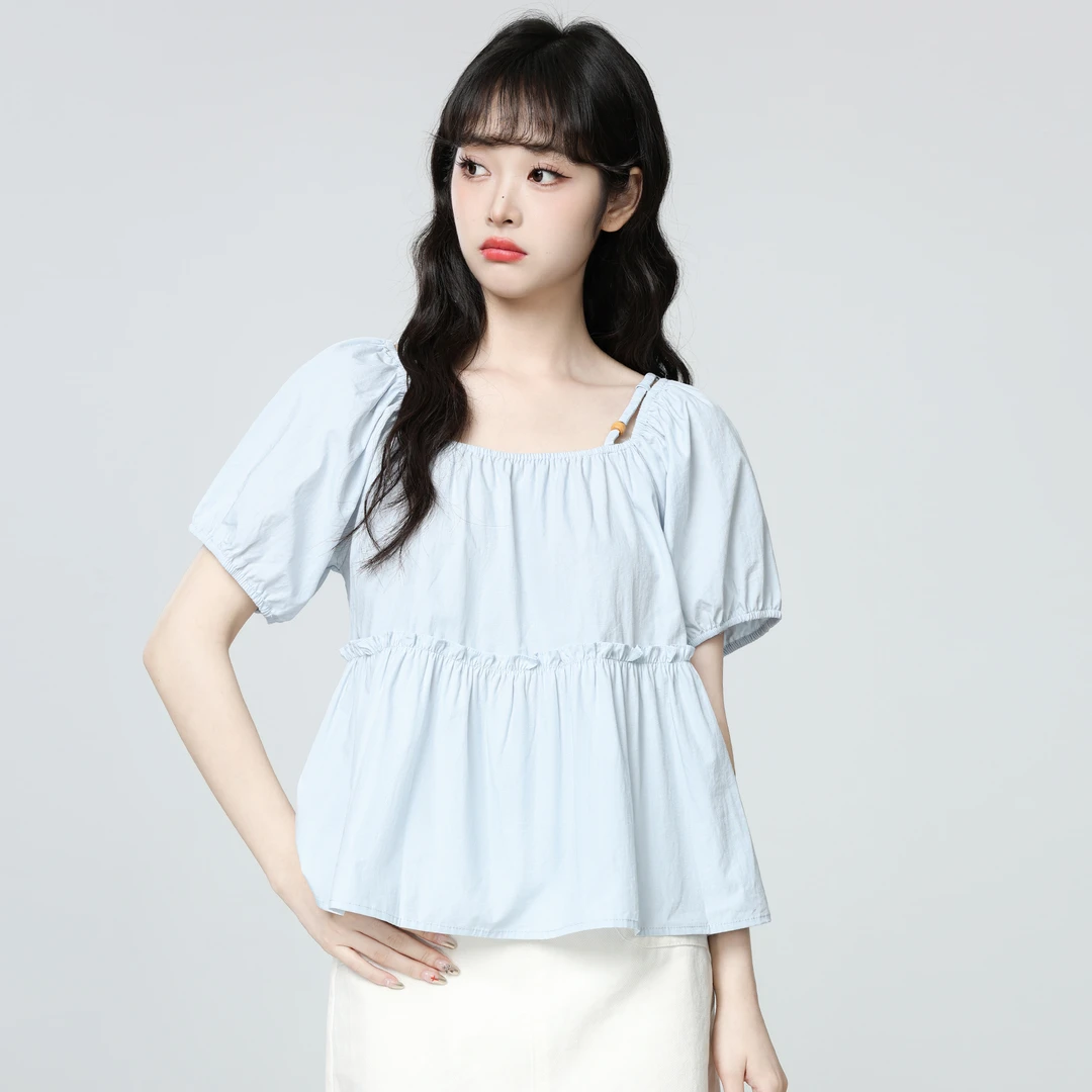 蓝色方领短袖衬衫女夏2025夏季新款宽松泡泡袖娃娃衫衬衣短款上衣