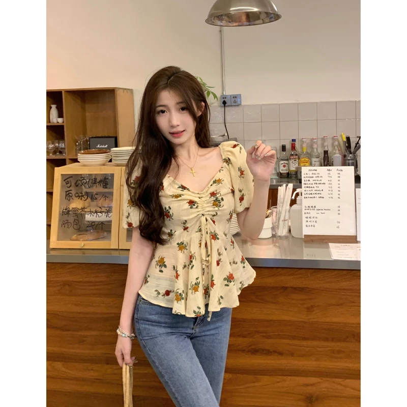 2025夏季新款大码女装法式复古胖mm收腰遮肚显瘦小衫短袖上衣8210