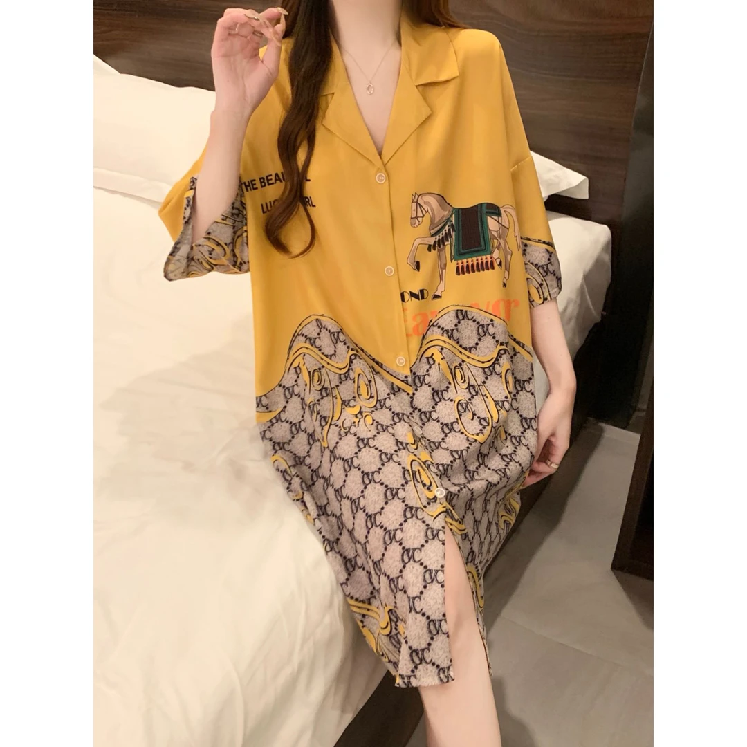 XINYING网红新款冰丝短袖中长款睡裙女夏季甜美卡通高级家居服睡