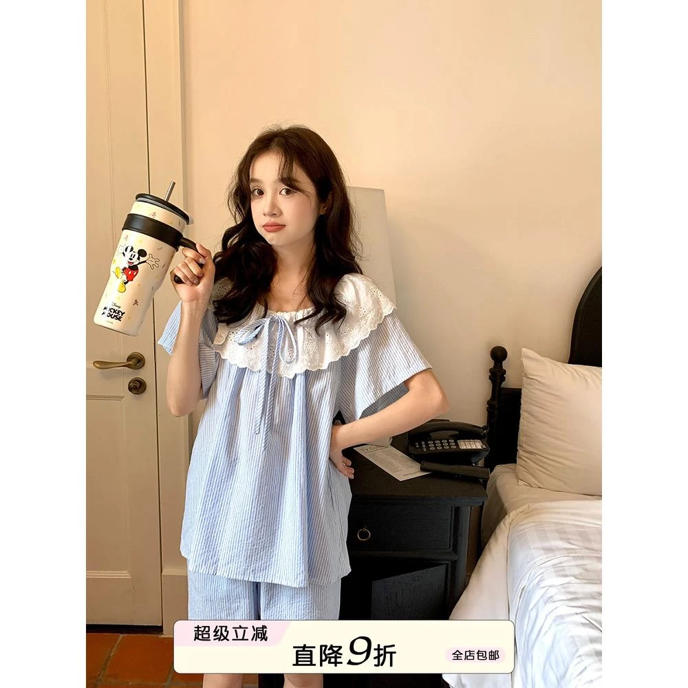 馨帮帮Homedress 甜美系带娃娃领睡衣女夏2025舒适条纹短袖家居服