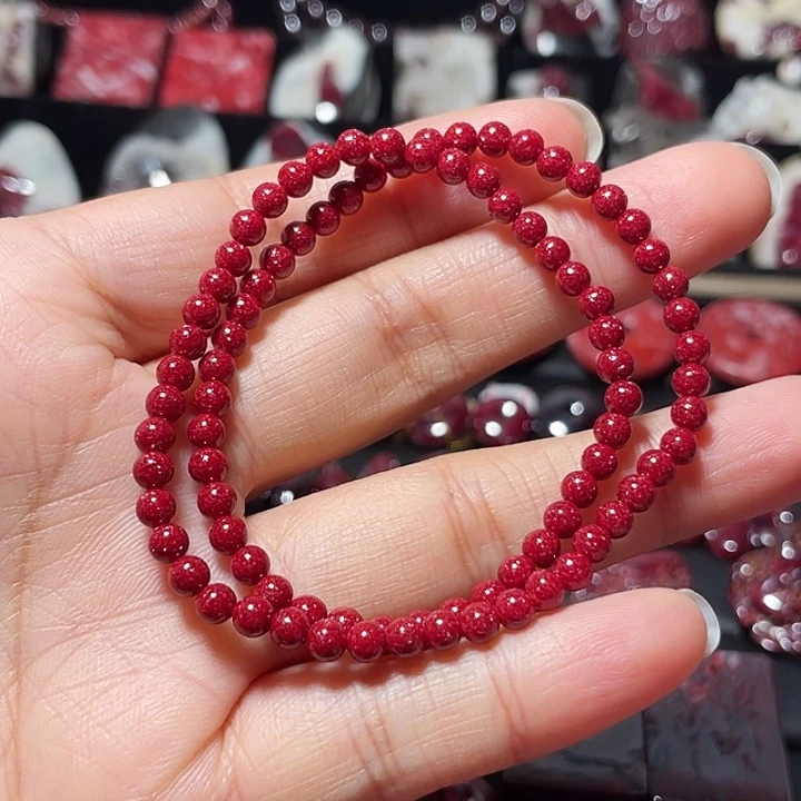 天然辰砂压晶小米珠手链4mm